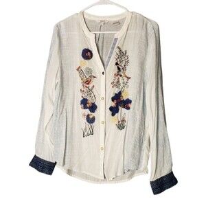 Desigual Boho Embroidered Sequin Birds Long Sleeve Collarless Shirt Size L